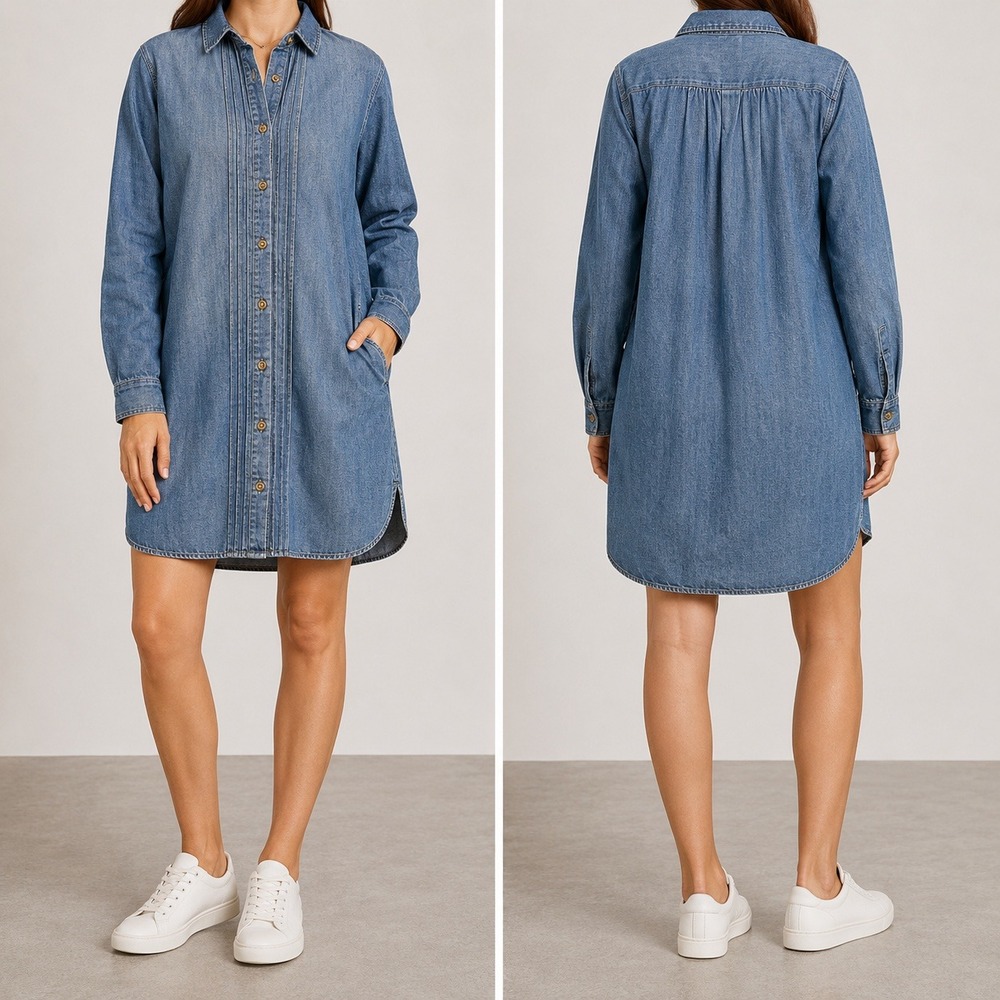 Denim Tunic Shirt Dress Blue Long‎ Sleeve Button Up Pintuck Pleat Cotton 35" L